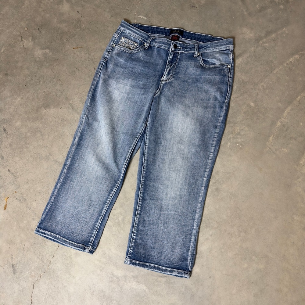 Earl Jean Capri Pants Womens 16 Blue Baggy Embroidered Y2K Denim Cropped Jeans